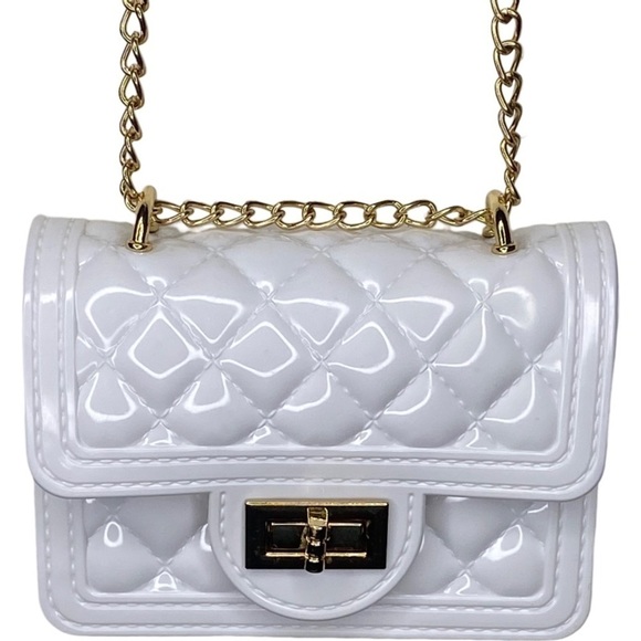 WHITE Quilted Twist Lock Flap Square Bag, Chain Strap Crossbody Bag XS - Picture 4 of 6